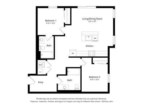 Floor plan for 2 beds, 2 baths, 942 sqft
